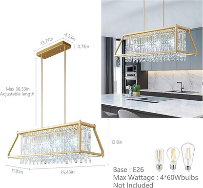 LMQNINE Chandeliers for Dining Room, 4-Light Trapezoidal Industrial Dining Room Light Fixture Farmhouse Chandelier Crystal Pendant Lights Kitchen Island Living Room (Gold 35.43 inch)