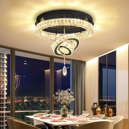 Flashing God Modern Crystal Chandelier Bedroom Chandeliers Flush Mount Ceiling Chandelier Light Fixture for Dining Room Entrance LED Dimmable Black Ring Chandeliers