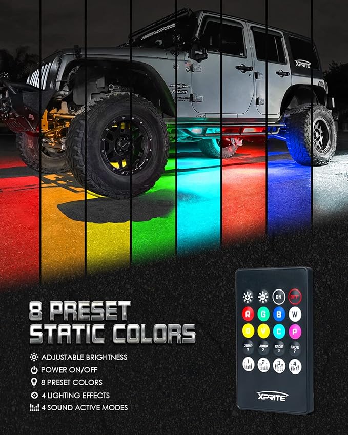 Xprite 4Pcs Car Underglow Neon Accent Strip Lights RGB 8 Color 252 LEDs Sound Music Function and Wireless Remote Control Underbody Light Strips for Car SUV Truck w/6FT Extension Wire, 2 Years Warranty