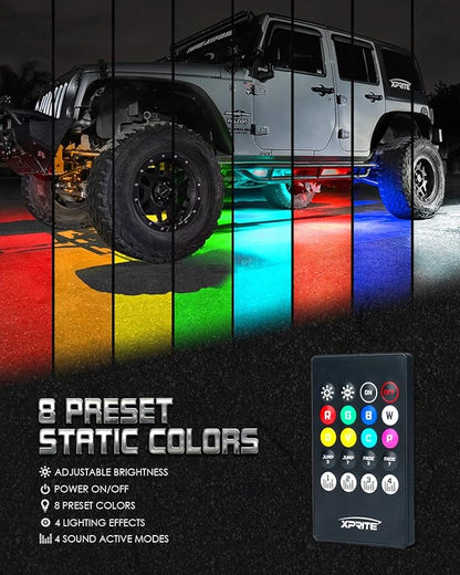 Xprite 4Pcs Car Underglow Neon Accent Strip Lights RGB 8 Color 252 LEDs Sound Music Function and Wireless Remote Control Underbody Light Strips for Car SUV Truck w/6FT Extension Wire, 2 Years Warranty