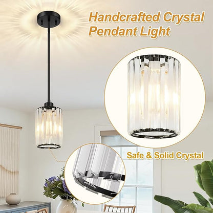 MQMQA 1 Pack Black Pendant Lights Kitchen Island, Modern Crystal Chandelier Kitchen Pendant Lighting Over Island, Adjustable Hanging Mini Light Fixtures for Dining Room Hallway Corridor Bedroom
