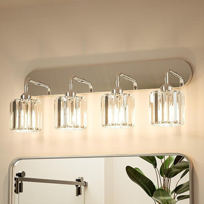 Keonjinn 4-Light Bathroom Light Fixtures, Crystal Chrome Bathroom Vanity Lights Over Mirror, Vanity Lighting Fixtures with Crystal Square Shades (E26 Socket, Exclude Bulb)