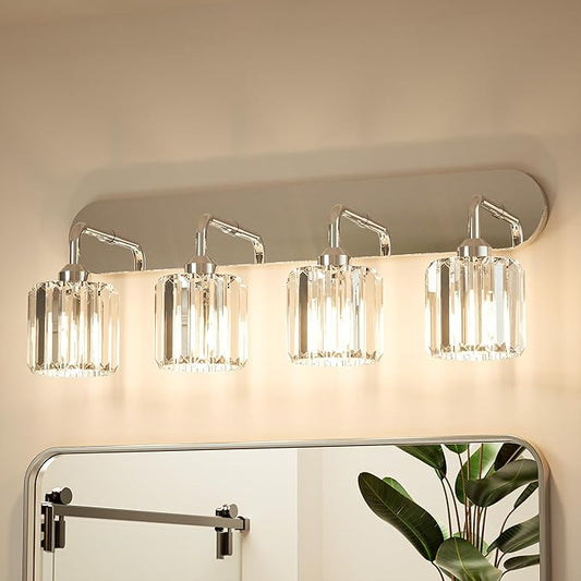 Keonjinn 4-Light Bathroom Light Fixtures, Crystal Chrome Bathroom Vanity Lights Over Mirror, Vanity Lighting Fixtures with Crystal Square Shades (E26 Socket, Exclude Bulb)