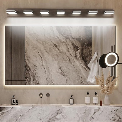 SineRise LED Modern Bathroom Vanity Light Fixtures (7-Light, 55-Inch), Brown Wood Painted Modern Acrylic Bathroom Wall Lighting Fixtures Over Mirror (Cool White 6000K)