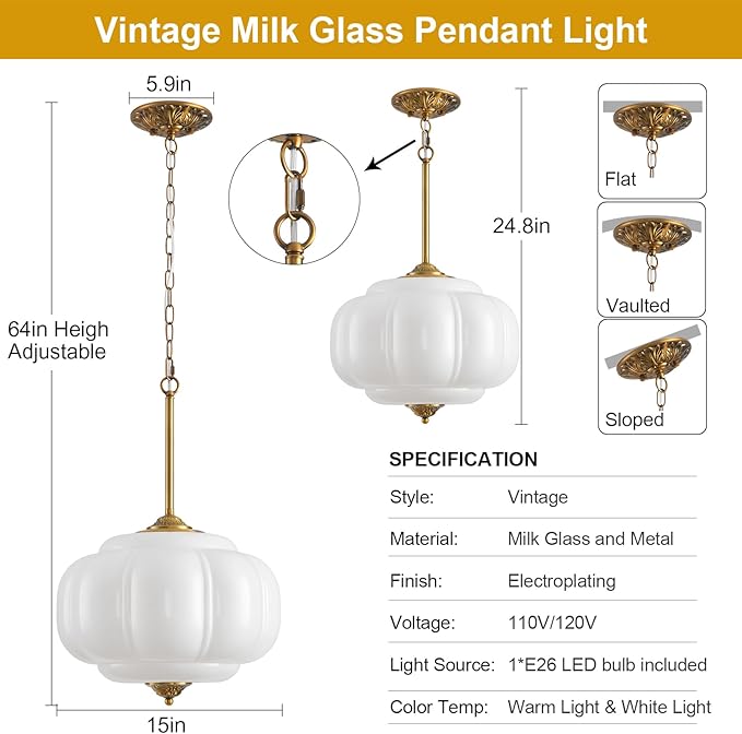Milk Glass Pendant Light, 15in Large Schoolhouse Light Fixture, LED Bulb Included, Vintage Art Deco Chandelier for Kitchen Island Dining Room Bedroom Hallway, White & Antique Gold 1 Pack