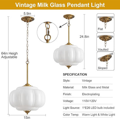 Milk Glass Pendant Light, 15in Large Schoolhouse Light Fixture, LED Bulb Included, Vintage Art Deco Chandelier for Kitchen Island Dining Room Bedroom Hallway, White & Antique Gold 1 Pack