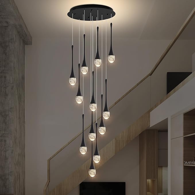 Modern Crystal Staircase Chandelier Black 12-Lights, H120'' Large High Ceiling Spiral Dimmable LED Raindrop Foyer Entryway Light Fixture Remote Control
