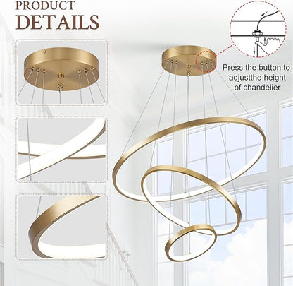 3 Ring Modern LED Chandelier Gold Dimmable Round Chandeliers, LED Circular Pendant Light Fixture with Remote Control for Living Room, Dining Room, Office, Entry, Bedroom