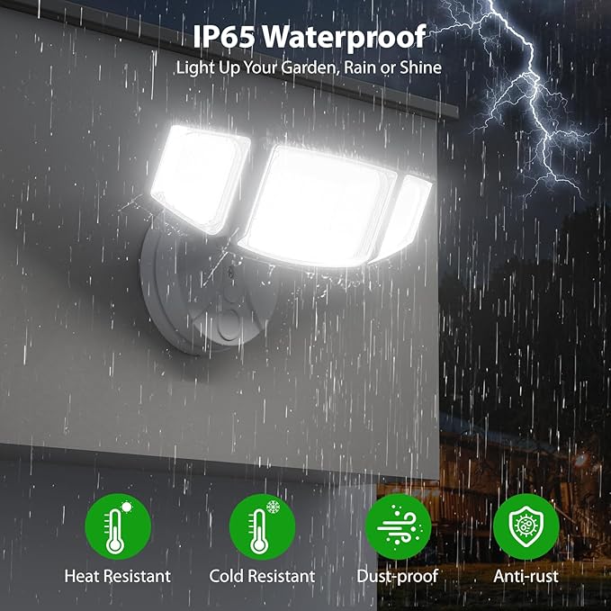 iMaihom 65W 6500LM LED Outdoor Flood Light, Switch Controlled Outdoor Security Light, 3 Adjustable Heads, IP65 Waterproof, 6500K Daylight White, Hardwired Wall Mount Light for Garage Yard Patio, White