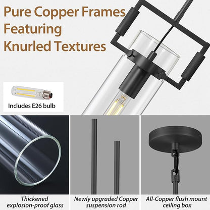 Black Pendant Lights Kitchen Island, Modern Glass Knurled Pendant Light,12Inch Copper Kitchen Pendant Lighting Over Island,Farmhouse Island Lights For Kitchen Sink,Bathroom,Bedroom,Included E26 Bulbs