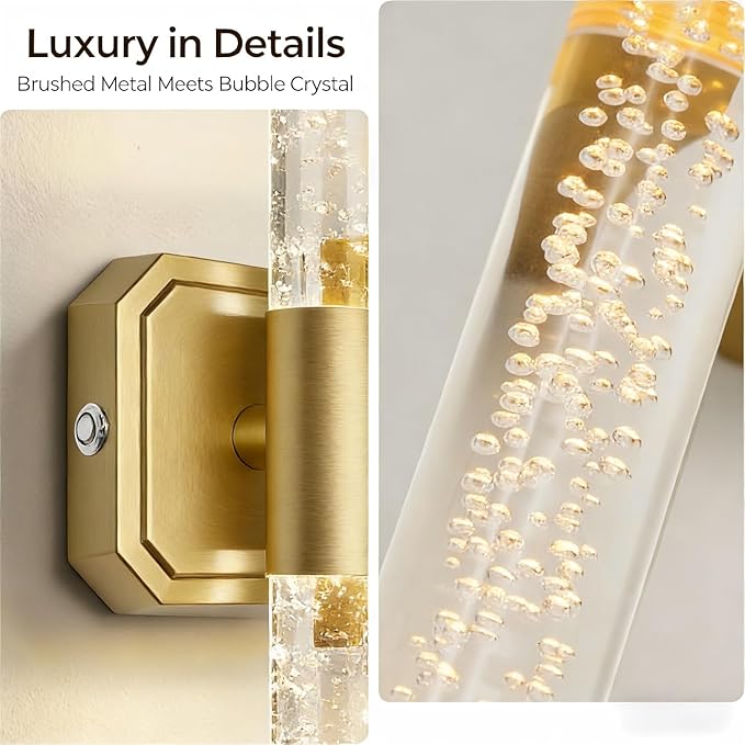 HISTAR Battery Operated Wall Sconce, 10000mah Rechargeable Gold Crystal Wall Sconce, 3 Colors 360° Rotate Wireless Wall Scone Decor for Bathroom Bedside Hallway Picture, 20.5 Inch