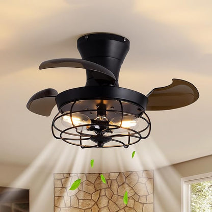 22" Retractable Ceiling Fans with Lights, Black Caged Fandelier Ceiling Fans with Remote, 6 Wind Speeds,Invisible Blades, Industrial Flush Mount Small Ceiling Fan for Bedroom Living Room