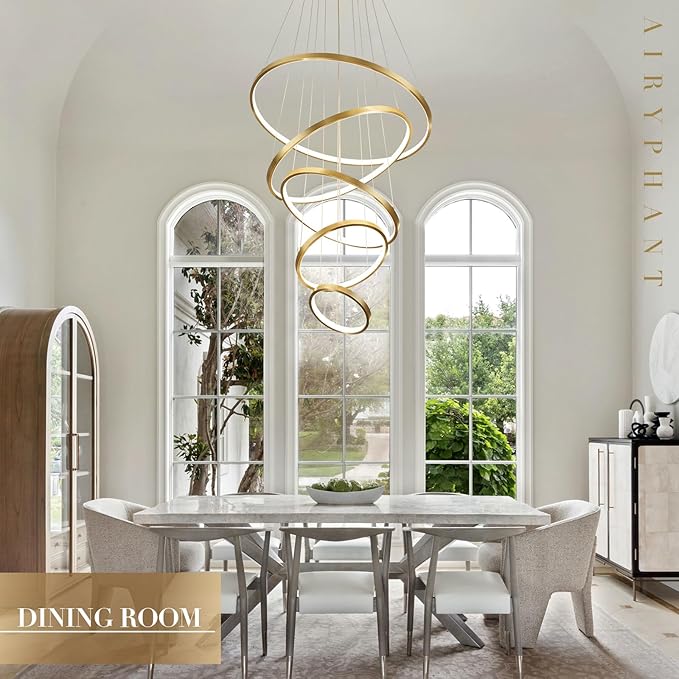 Modern LED Chandelier High Ceiling 5 Ring Gold Chandeliers Foyer Dimmable Ceiling Pendant Light Fixture Contemporary Flush Mount Chandelier for Staircase Living Room, 3000K-6500K
