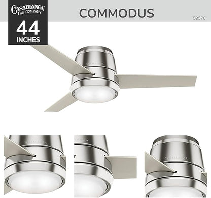 Casablanca 44 inch Indoor Ceiling Fan with LED Light - Low Profile Flush Mount Ceiling Fan for Bedroom, Living Room, or Kitchen, Wall Control, 3 Blades, Includes Bulb - Commodus 59570, Brushed Nickel