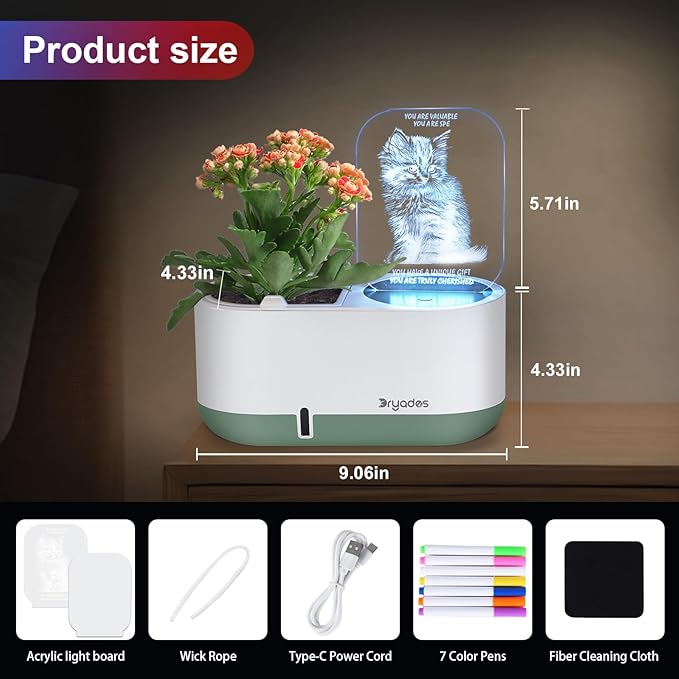 Self-Watering Plant Pot with LED Note Board & 7 Colors Pen Acrylic Message Board with Light Acrylic Dry Erase Board, Led Cat Board Night Light with Planting Pot for Children's Day Gifts(No Plant&Seed)