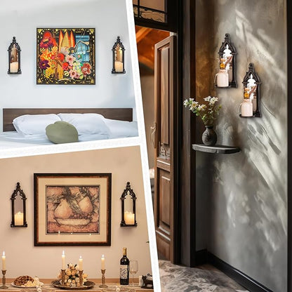 Candle Sconces Farmhouse Wall Decor - Black Gothic Dark Mirror Wall Candle Holder for Halloween Art Decorations - Wood Rustic Candles Sconce Set of 2 for Livingroom Fireplace