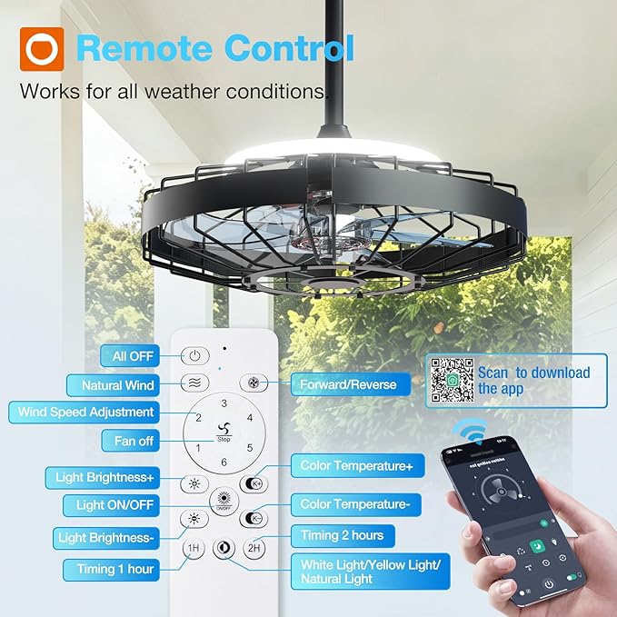 addlon 20 Inch Outdoor Ceiling Fan with Light for Patio, IP65 Waterproof Plug in Caged Hanging Fan, Remote Control, 3 CCT, 6 Speeds Reversible Outdoor Fan for Gazebo, Pergola, Porch
