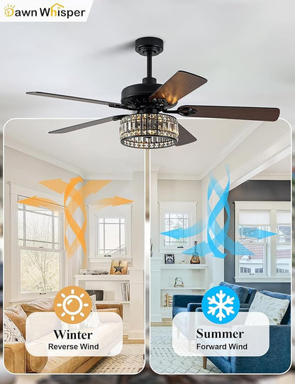 Dawn Whisper 52 Inch Black Chandelier Ceiling Fans Quiet and Reversible DC Motor Modern Ceiling Fans with Lights for Bedroom Living Room
