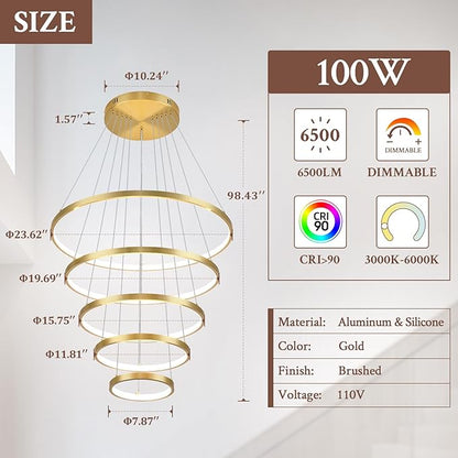 5 Ring Modern LED Chandelier Dimmable Gold High Ceiling Chandeliers for Foyer, LED Contemporary Large Pendant Lighting with Remote Control Circular for Living Room Staircase, 3000K-6500K