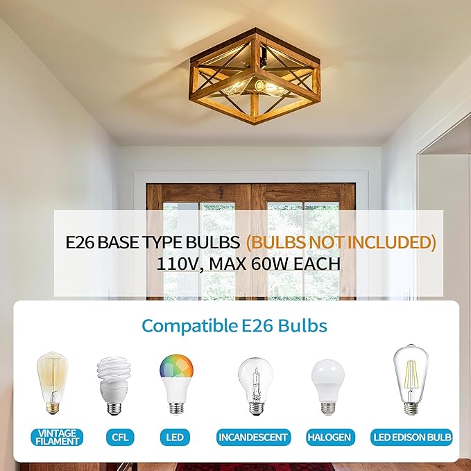Rpzloila Flush Mount Ceiling Light Fixture for Kitchen Hallway, 2-Light Close to Ceiling Light with Black Metal and Wood Design, Rustic Farmhouse Ceiling (Bulb not Included)