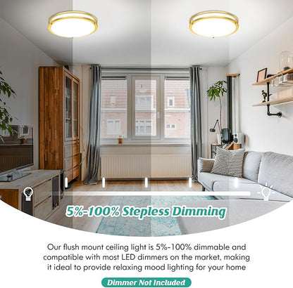 Brightever 13 Inch LED Ceiling Light Fixture, 36W 4400Lm Flush Mount Ceiling Lights, Dimmable 5CCT 2700K/3000K/4000K/5000K/6500K, Super Bright Modern Bedroom Lamps for Kitchen Hallway, Gold, 2 Packs