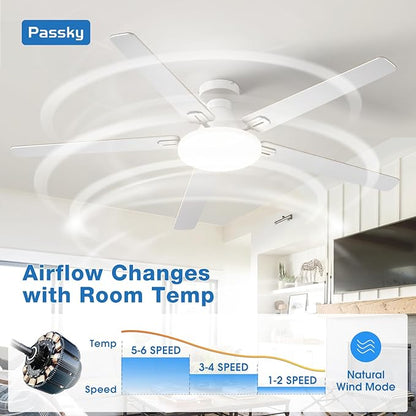 Passky Ceiling Fans with Lights, 60 inch Flush Mount Ceiling fan with Remote Control, Low Profile Ceiling Fan for Bedroom, Farmhouse, Reversible, 3CCT, Dimmable, Noiseless DC Motor, White