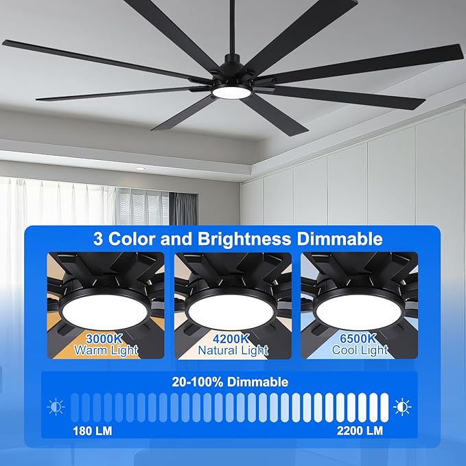 84 Inch Ceiling Fans with Lights and Remote, Black Large Ceiling Fan for Bedroom Living Room Indoor/Outdoor, 6 Speed Reversible DC Motor, 3CCT, Downrod, Dual Color 8 Blades, ETL Listed