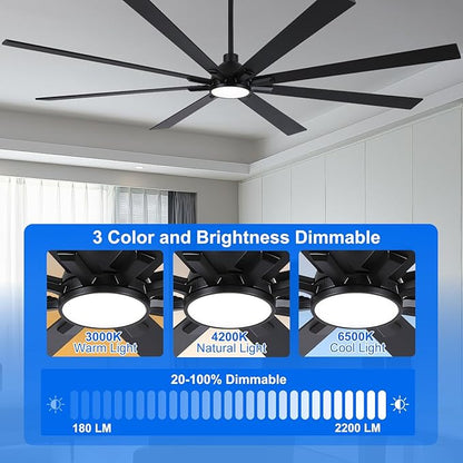 84 Inch Ceiling Fans with Lights and Remote, Black Large Ceiling Fan for Bedroom Living Room Indoor/Outdoor, 6 Speed Reversible DC Motor, 3CCT, Downrod, Dual Color 8 Blades, ETL Listed