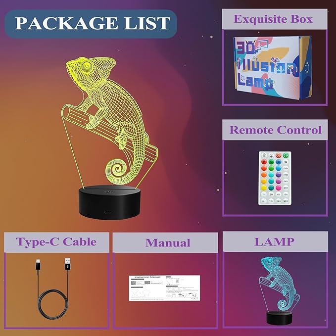 Chameleon Night Light, Lizard Gifts, 3D Illusion Lamp with Remote Control, 16 RGB Colors, 4 Flashing Modes, Timer, Dimmable, Chameleon Toy Accessories for Holiday Birthday Christmas