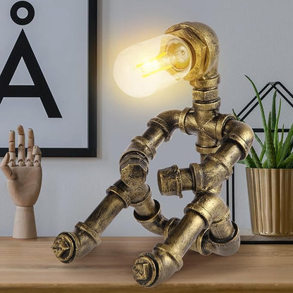 Steampunk Decor Table Lamp for Men Unique Creative Robot Style Desk Lamp,Vintage Industrial Metal Pipe Water Pipe Light, Home Decor Ideal for Bedrooms,Study. (Bronze C)