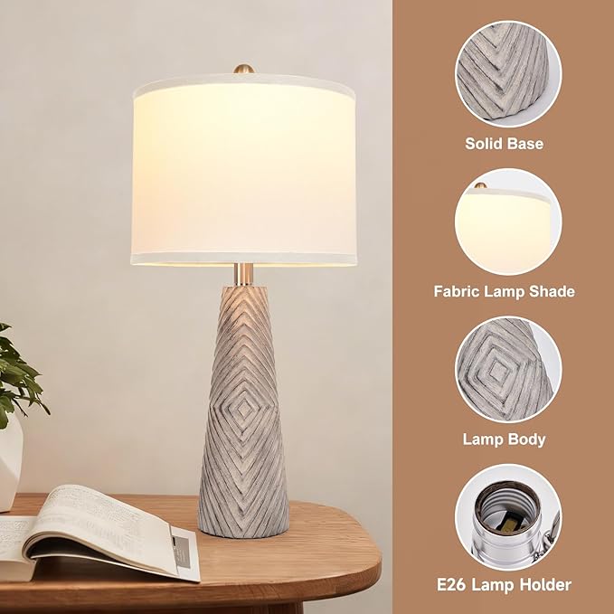 Terpsichore Nightstand Lamp Bedside Lamps Set of 2 Vintage Rustic Farmhouse Table Lamp 3 Way Dimmable Horizontal Stripe Light,for Living Room Bedroom,USB A+C (Gray, Hing 24 in)