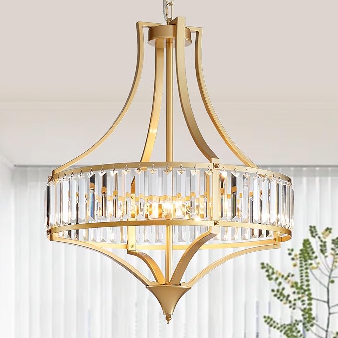 Modern Gold Crystal Chandelier, 6-Light Round Pendant Lighting Fixtures, 21.6" Height Adjustable Ceiling Light for Living Room, Kitchen, Dining Room