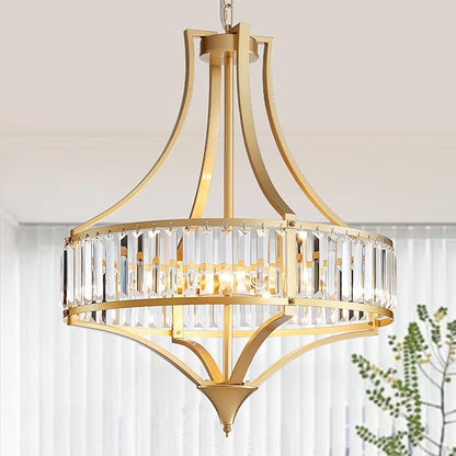 Modern Gold Crystal Chandelier, 6-Light Round Pendant Lighting Fixtures, 21.6" Height Adjustable Ceiling Light for Living Room, Kitchen, Dining Room
