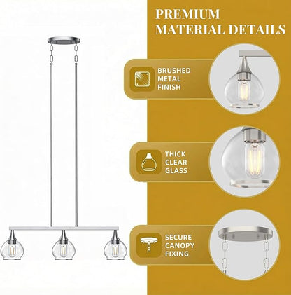 Kitchen Island Linear Pendant Light, 3-Light Modern Chandelier with Clear Glass Globe Shades, Linear Lighting Fixture Over Dining Table, Brushed Nickel