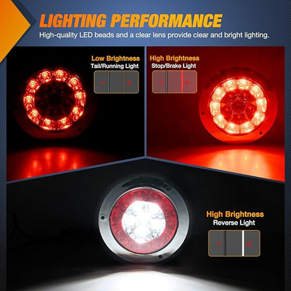 Nilight Trailer Tail Light 2PCS 4Inch Round 16 LED Red White Chrome Frame Marker Clearance Stop Brake Reverse Backup Running Taillight IP67 Waterproof for Trailer Truck Pickup Camper RV