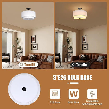 FRIDEKO HOME Semi Flush Mount Ceiling Light - Double Drum 3-Light Ceiling Light Fixture Farmhouse Chandelier with White 2-Layer Classic Fabric Linen Shade for Bedroom Hallway Living Room Kitchen
