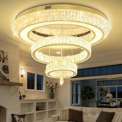 Led 40'' Gold Ring Crystal Chandelier,Modern Luxury Ceiling Lights Fixture for Dining Living Room 3-Tier Raindrop Chandeliers Lighting LED Dimmable 3000-6000K