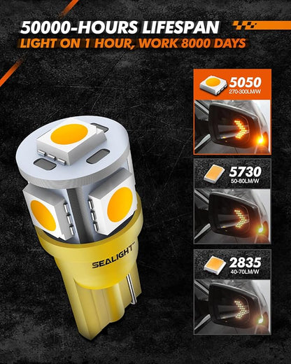 SEALIGHT 194 LED Bulbs, 168 T10 LED Bulb Amber 2700k Yellow 2825 for Turn Signal Side Marker Dome Lights, 12V Cab Running Parking Tail Lights, (Pack of 10)