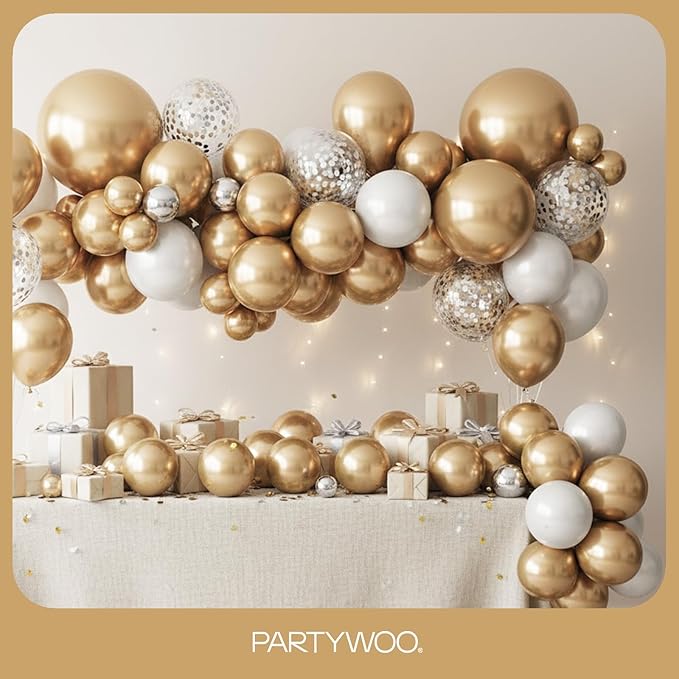PartyWoo Metallic Gold Balloons 145pcs Different Sizes of 18 12 10 5 Inch Chrome Gold Balloon Arch Kit Garland for Birthday Graduation Baby Shower Wedding Bachelorette Party Decorations Gold-G127