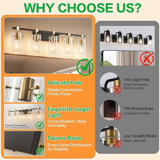 SOLFART 40.1 inch Vintage Brass Bathroom Vanity Light fixtures Bathroom Wall Lights Over Mirror with Glass Shade 5 Light