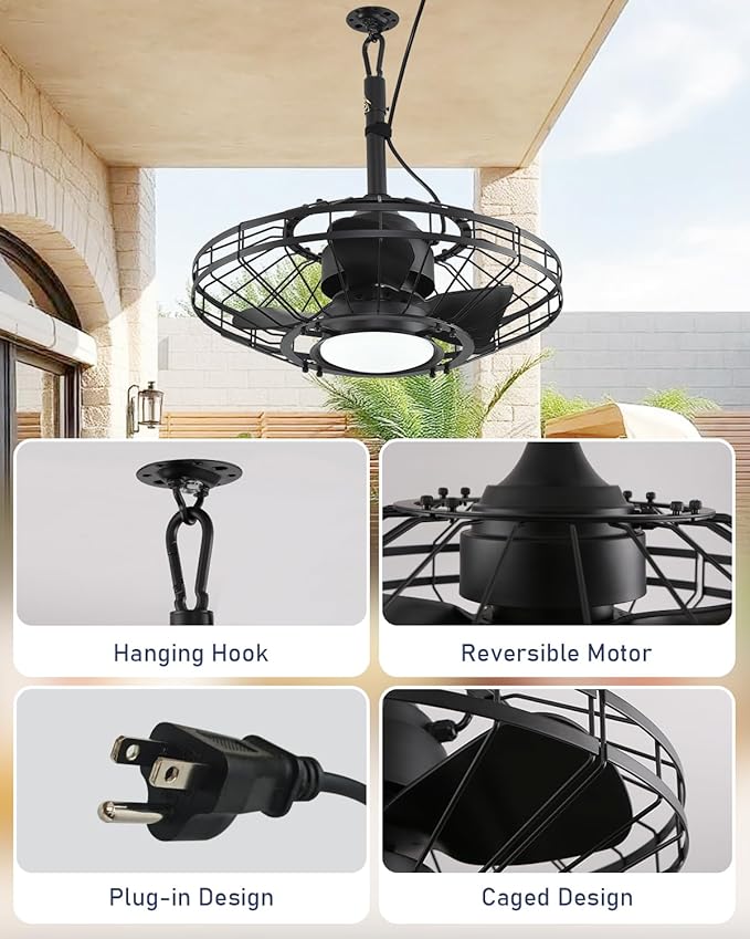 AHAWILL 20" Outdoor Ceiling Fan with Light,Waterproof Gazebo Fan with Hanging Hook,6-Speed Reversible Motor,Memory 3CCT,Plug-in Caged Ceiling Fan with Smart App Control for Patio Porch (Black)