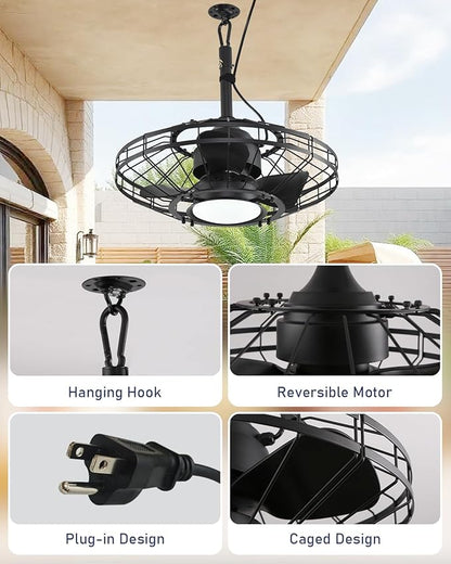 AHAWILL 20" Outdoor Ceiling Fan with Light,Waterproof Gazebo Fan with Hanging Hook,6-Speed Reversible Motor,Memory 3CCT,Plug-in Caged Ceiling Fan with Smart App Control for Patio Porch (Black)