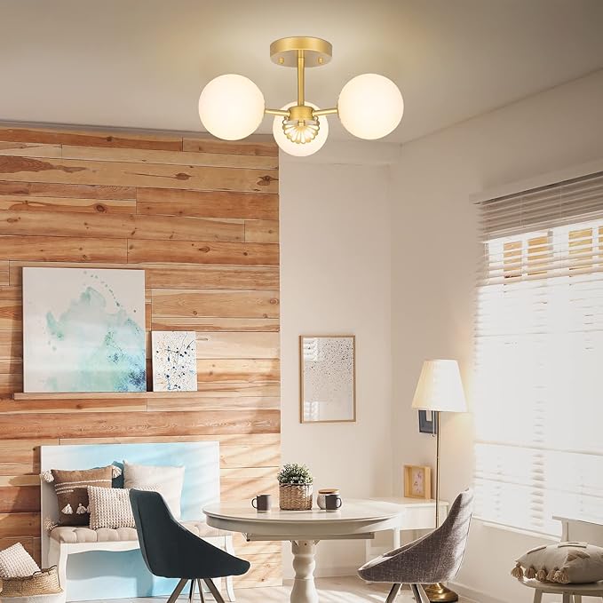 3 Lights Gold Chandelier Mid Century Modern Light Fixture, Gold Semi Flush Mount Ceiling Light with Frosted Globe Glass for Living Room, Bedroom, Nursery Room & Office Ceiling Light (Bulbs Included)