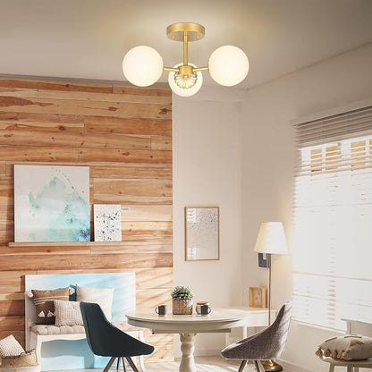 3 Lights Gold Chandelier Mid Century Modern Light Fixture, Gold Semi Flush Mount Ceiling Light with Frosted Globe Glass for Living Room, Bedroom, Nursery Room & Office Ceiling Light (Bulbs Included)