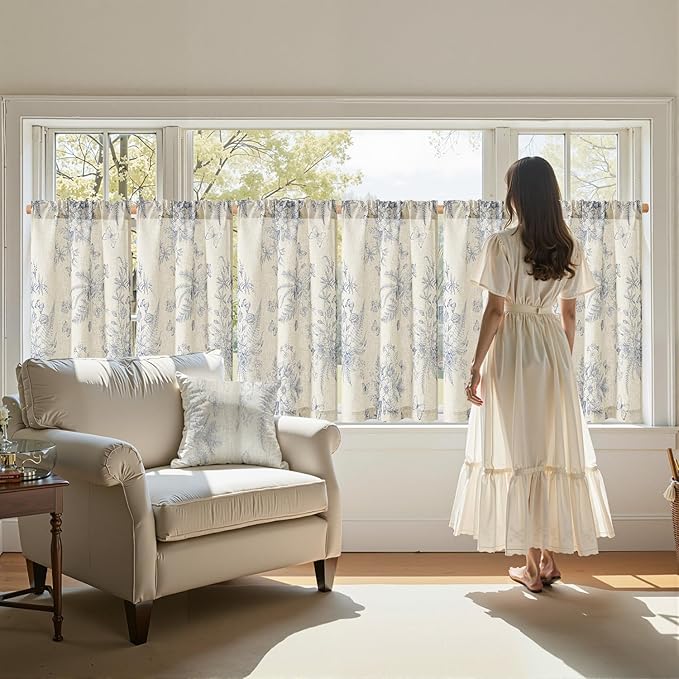 jinchan Half Window Curtains Small Drapes for Kitchen 36 Inch Rustic Floral Tier Curtains Farmhouse Butterfly Cafe Small Window Treatment for Dining Room Bathroom 2 Panels Blue on Beige