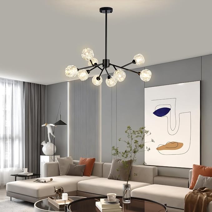 Weesalife Sputnik Chandeliers for Dining Room Light Fixture Over Table, Modern Crystal Chandeliers, 9 Lights Black Lighting Fixtures for Living Room Bedroom Kitchen Island Bar
