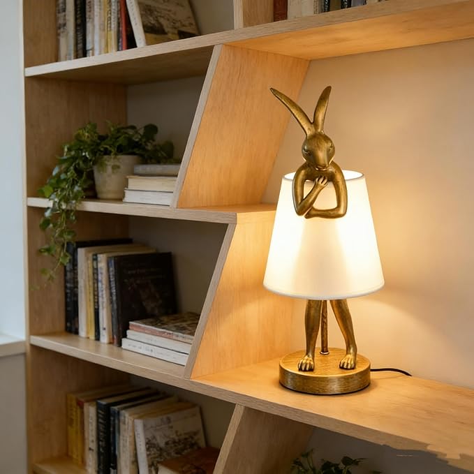 YHT Bunny Table Lamp, Cute Animal Rabbit Lamp,Bunny Lamps,15.7" Vintage LED Desk Light with Linen Lampshade,Gold Main Part Beside Lamp for Bedroom, Study Room, Office, Nursery, Home Decor (White)