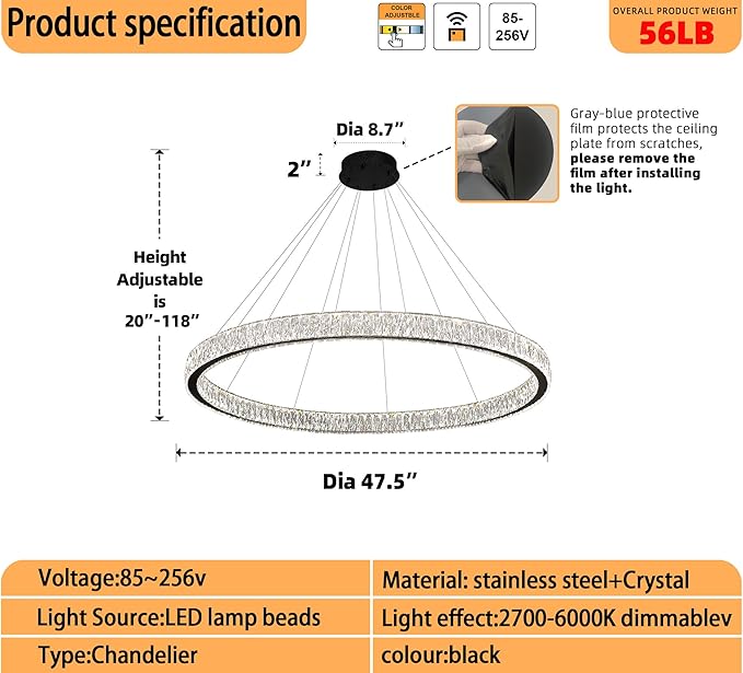 Modern LED Dimmable Crystal Chandelier 47.5" Ring Pendant Light Adjustable Round Chrome Crystal Chandelier Light Fixtures for Dining Room Living Room