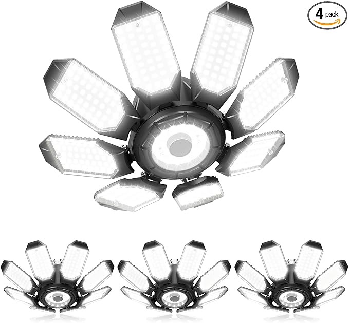 Adiding LED Garage Ceiling Lights 56000Lm 4 Pack w/ 8 Adjustable Panels, Super Bright Deformable Basement Lighting Fixture Screw in E26 Bulb Socket for Indoor Workshop, Attic, Storage, Bay, Home Gym