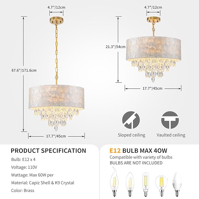 4-Light Drum Capiz Shell K9 Crystal Chandelier, Coastal Style Pendant Light Fixture for Dining Room, Living Room, D17.7 x H21~68 inch (Adjustable), Clear Crystal & Brass Finish